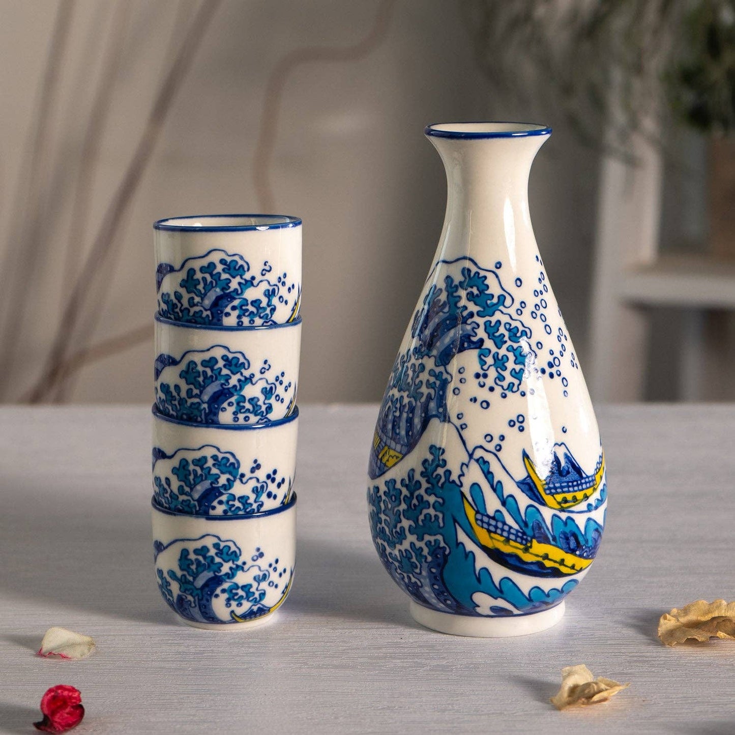 Great Wave Porcelain Glazed 10 oz Sake Bottle and 4 Cups Gift Set (1/16) - The Continental Ranch