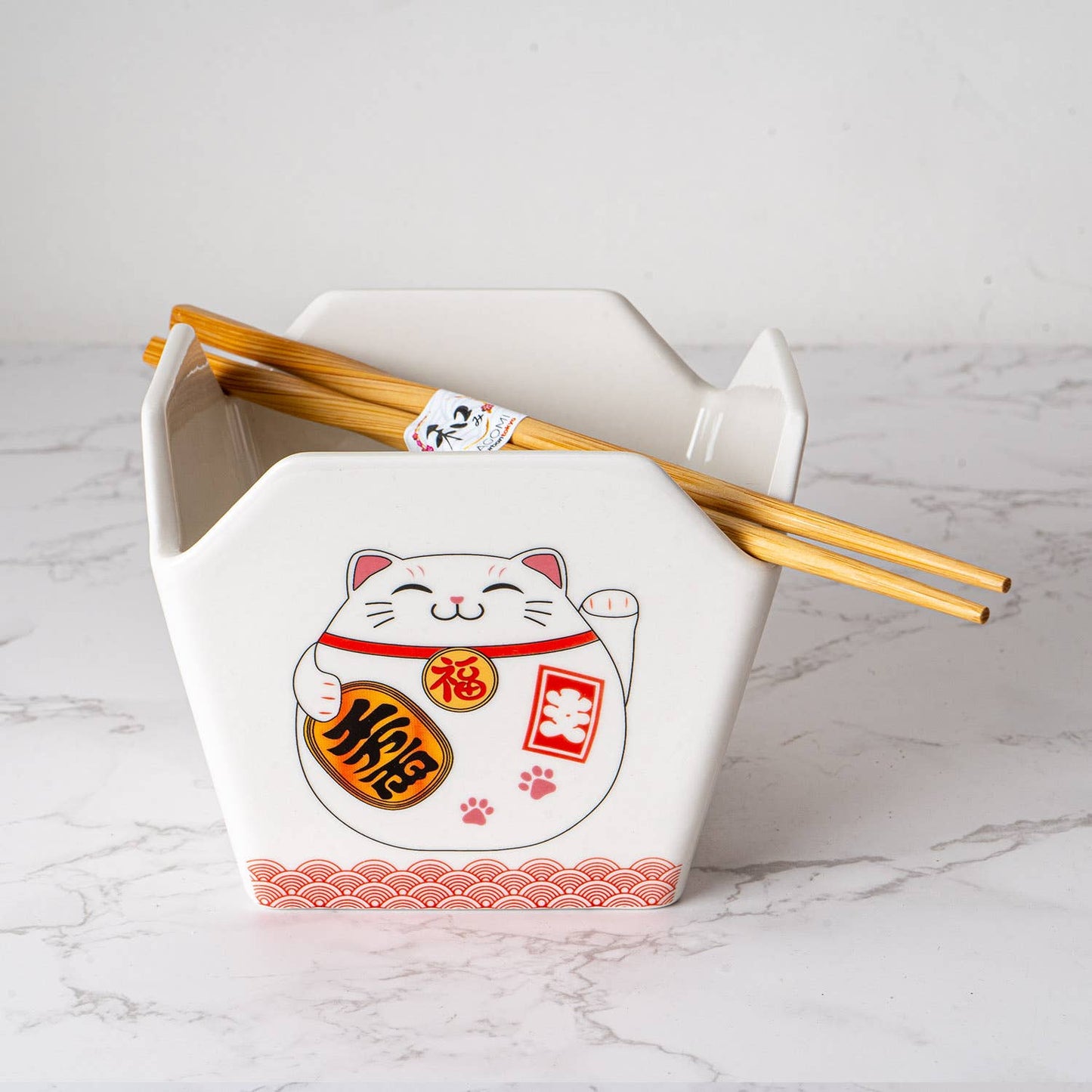 16oz 5"W x 4"H Takeout Box Serving Bowl With Chopsticks Lucky Cat (1/24) - The Continental Ranch