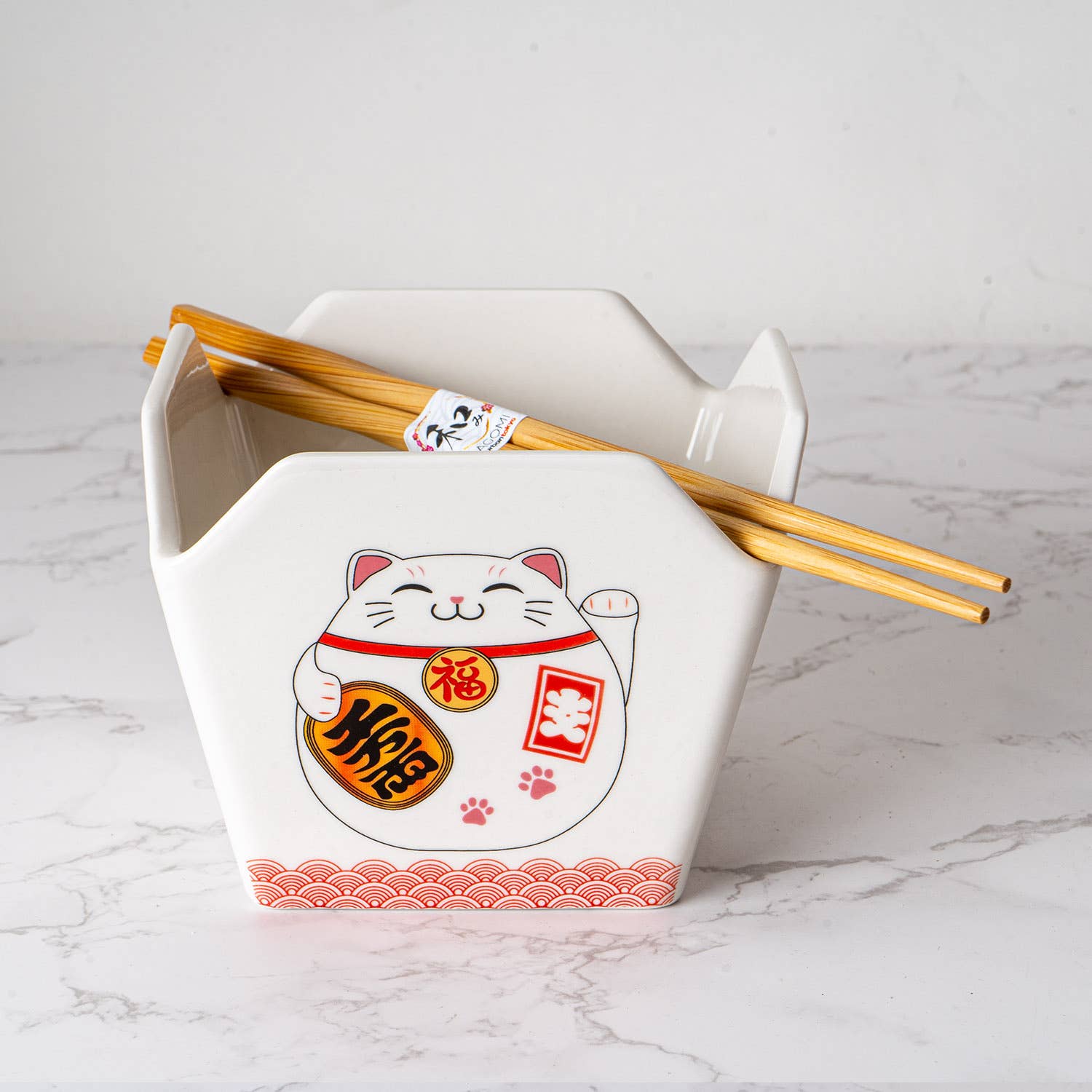 16oz 5"W x 4"H Takeout Box Serving Bowl With Chopsticks Lucky Cat (1/24) - The Continental Ranch