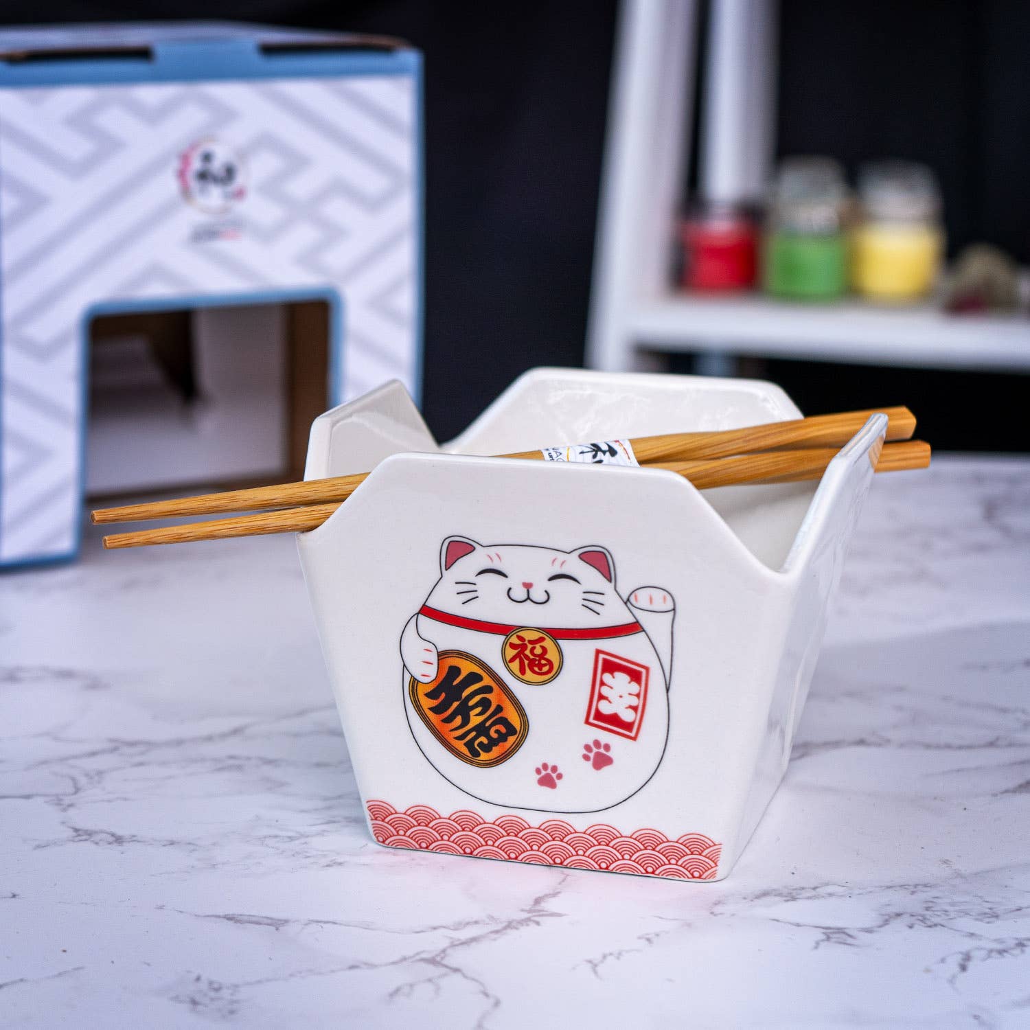 16oz 5"W x 4"H Takeout Box Serving Bowl With Chopsticks Lucky Cat (1/24) - The Continental Ranch