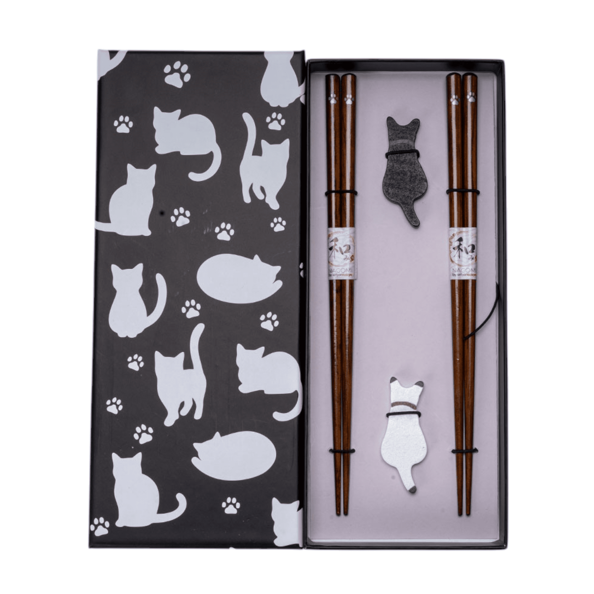 Black White Cat 2 Pair Wooden Chopsticks and Chopsticks Rests Gift Set (1/80) - The Continental Ranch