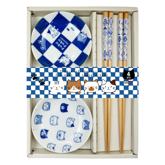 Cat 2 Pair Wooden Chopsticks and Sauce Dish Gift Set - The Continental Ranch