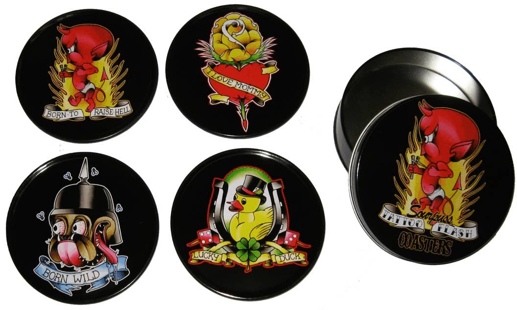 Coaster - Sourpuss - Tattoo Flash Cartoon - Set Of Four - The Continental Ranch