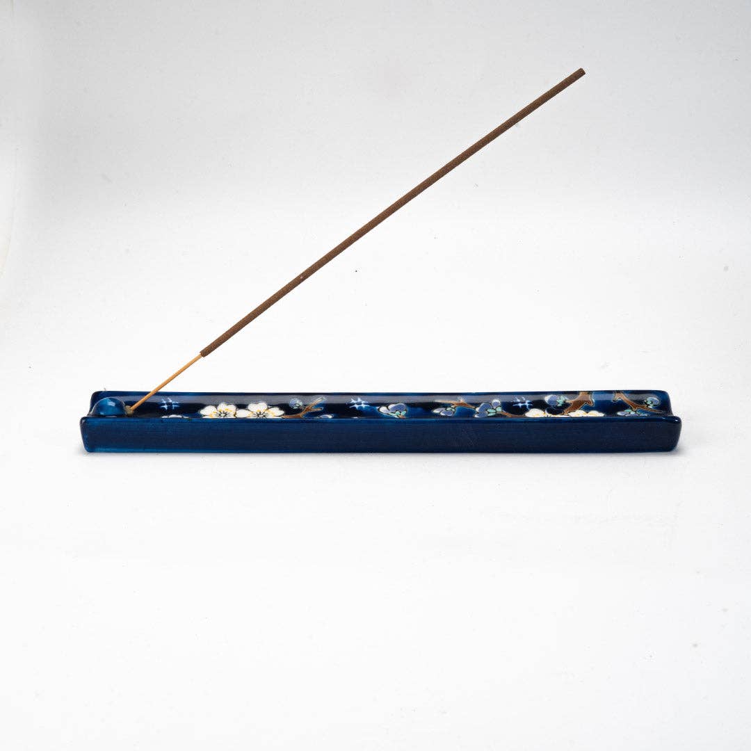 Handpainted Ceramic Incense Holder 9 inch L Plum Blossoms (1/72) - The Continental Ranch