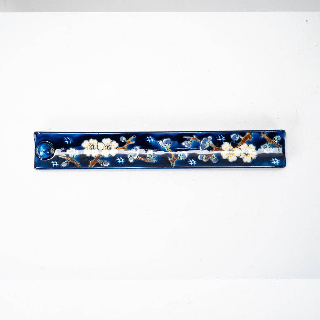 Handpainted Ceramic Incense Holder 9 inch L Plum Blossoms (1/72) - The Continental Ranch