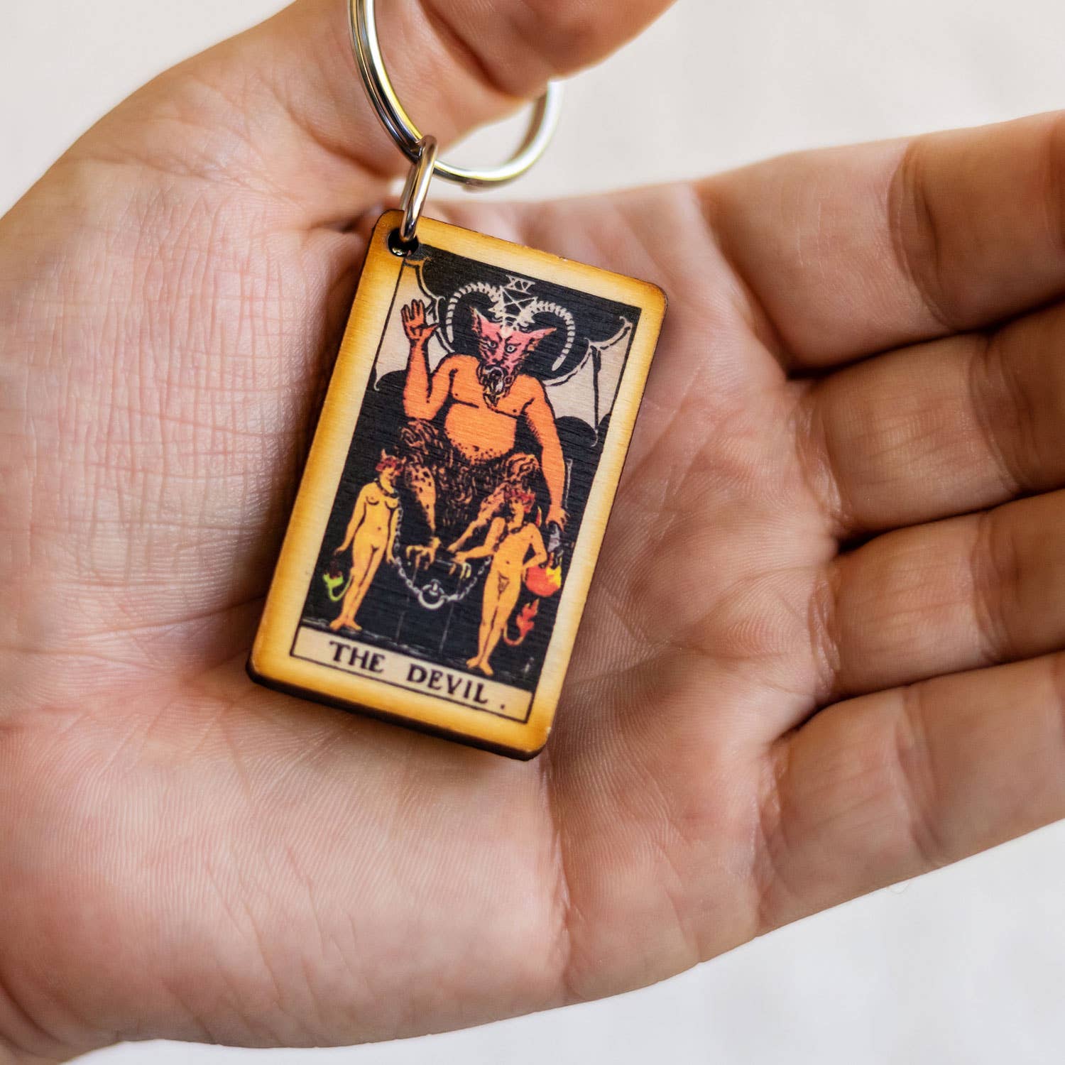 Tarot - 15 - The Devil Full Color Wooden Keychain - The Continental Ranch