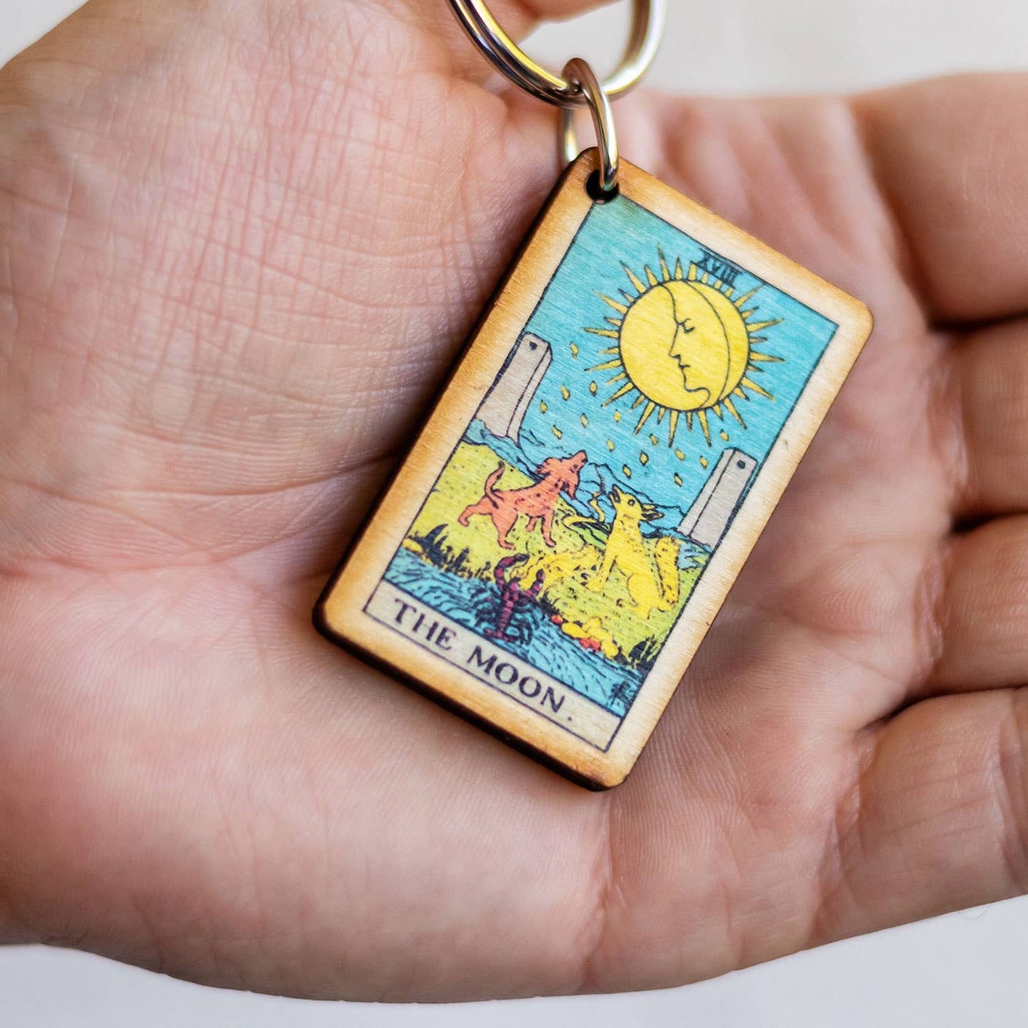 Tarot - 18 - The Moon Full Color Wooden Keychain - The Continental Ranch