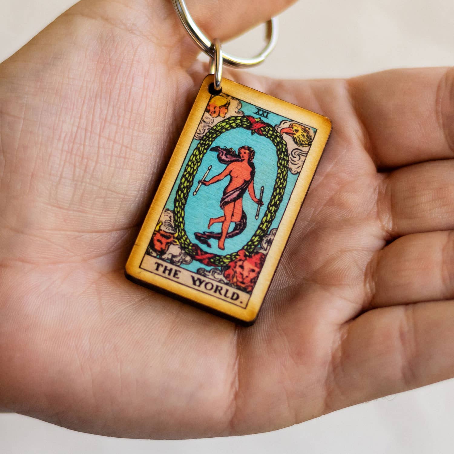 Tarot - 21 - The World Full Color Wooden Keychain - The Continental Ranch